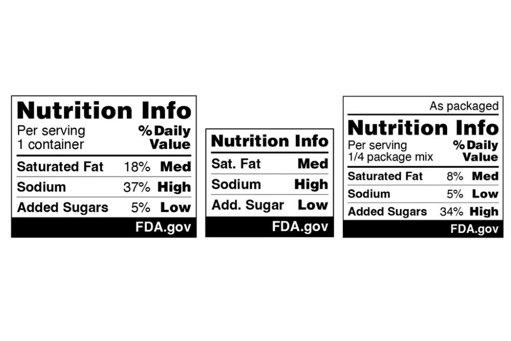 Proposed food label designs from the FDA showing a HIGH, MED or LOW for sugar, fat and sodium values