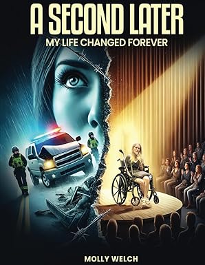 A Second Later book cover showing a car accident on one half of the book, then Molly Welch speaking onstage on the other half