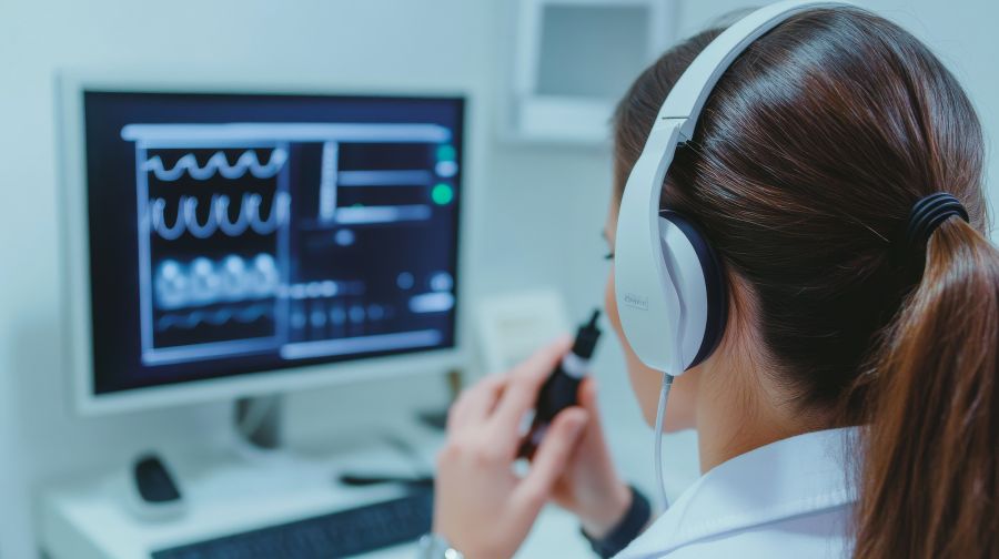 A woman wearing headphones and looking at a computer monitor displaying sound waves.  
