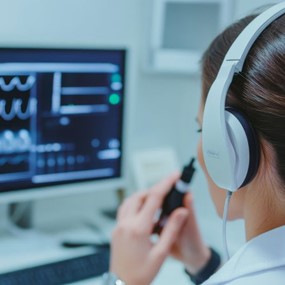 A woman wearing headphones and looking at a computer monitor displaying sound waves.  