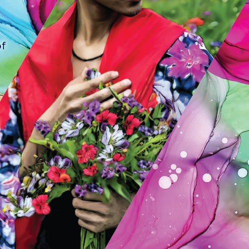 A woman smiles while holding a bouquet of flowers against a vibrant, colorful background.