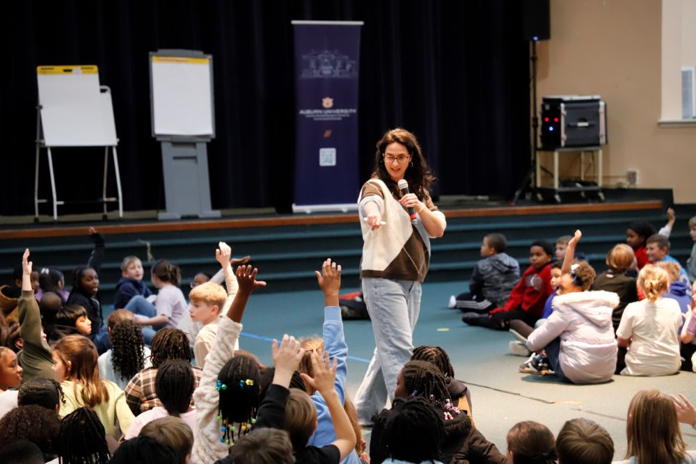 Author and illustrator Shanda McCloskey visiting with local schoolchildren