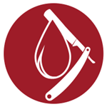 Round red icon with white graphic of a straight razor and a blood drop
