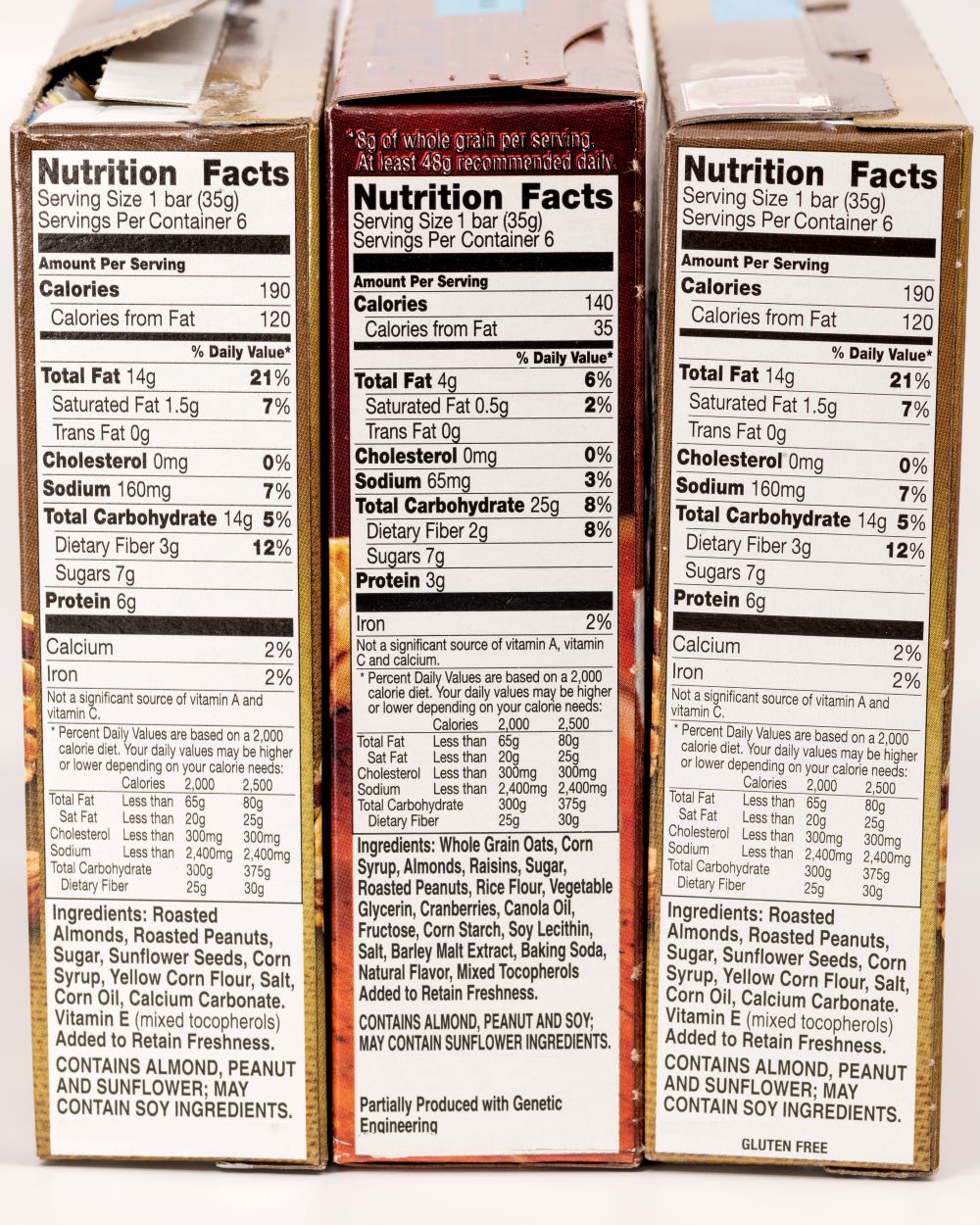 Nutrition Facts labels on the back of granola bar boxes