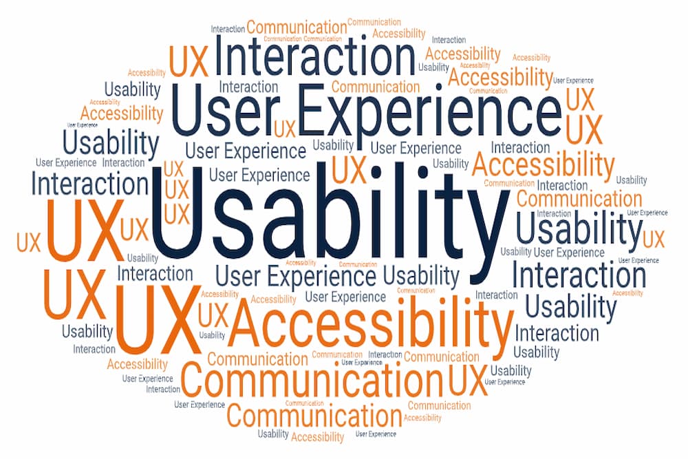 A word cloud that contains the words usability, user experience, communication, interaction, accessibility repeated.