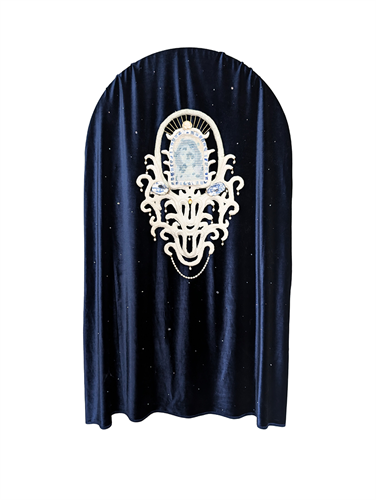 Velvet Communion, 2024, velvet, plaster, wire, wood, broken china, fabric, mussel shells, fresh water pearls, gold and glass beads, pistachio shell, gold leaf, paper clay, rice, 4’9” x 2’8” x 3”