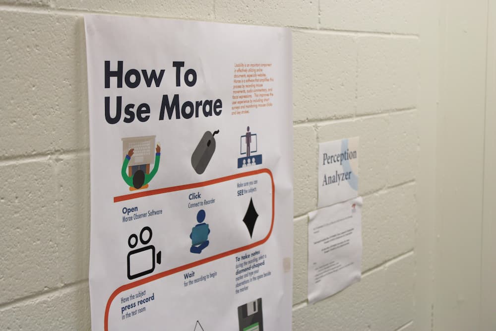 A photo of a LUCIA lab poster that explains how to use the MORAE usability testing software. 