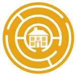 Round gold icon with white graphic of a house in the center of a labyrinth