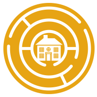 Purple circle with white outlined icon of a gemstone in the ground in the center