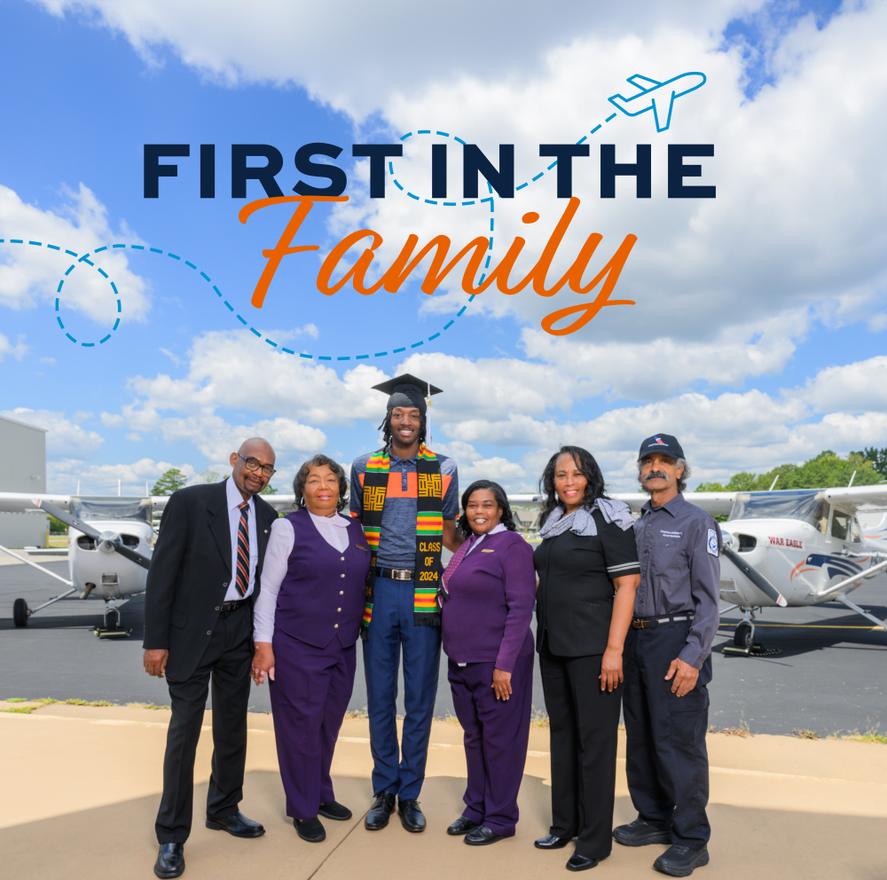 Sims family posing for photo at the Auburn airport, titled "First in the Family"