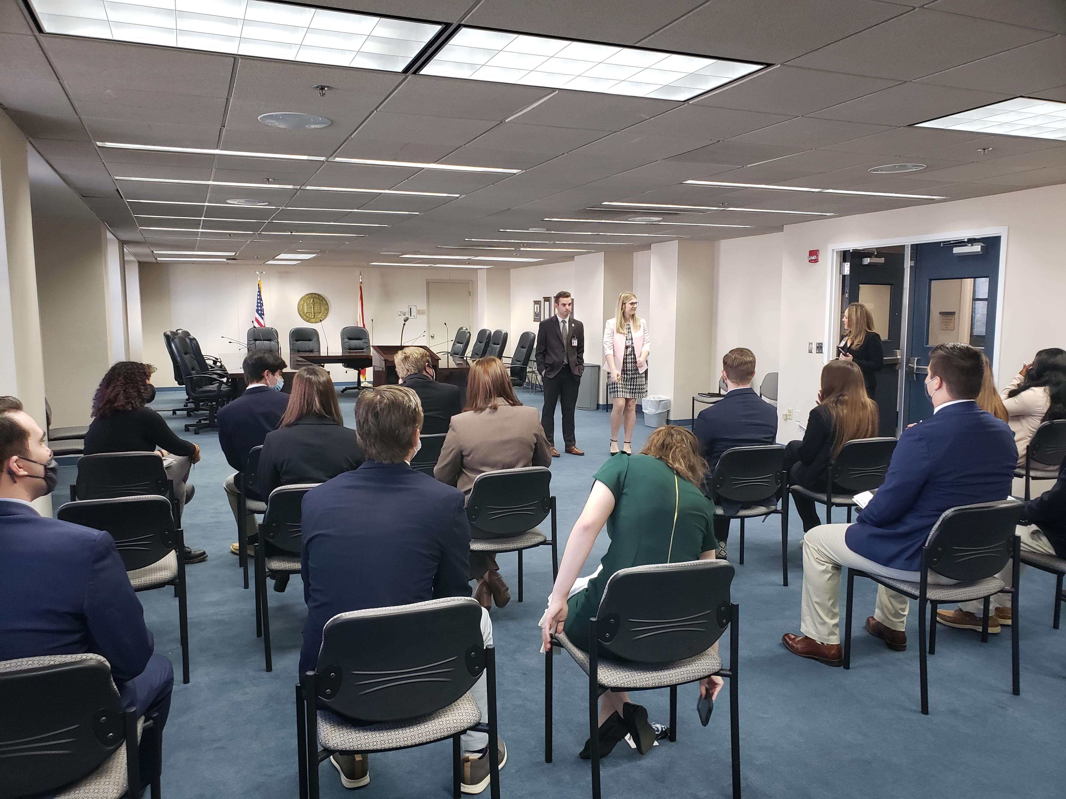 Legislative interns discuss their daily routines with the CLA Career Trek group